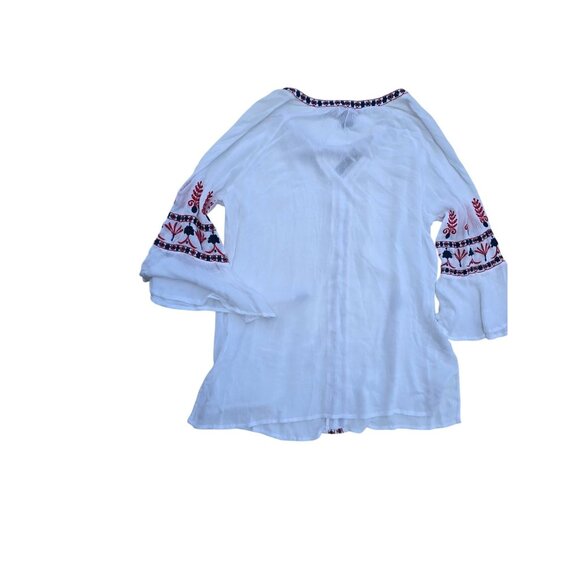 Grace Elements White Peasant Style Blouse With Embroidered Sleeves & Tassel Tie - Picture 2 of 5